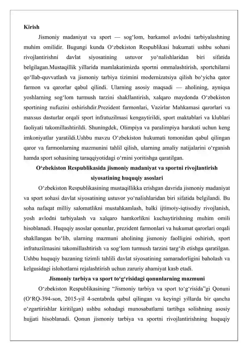 O‘zbekiston Respublikasi hukumatining jismoniy madaniyat va sport bo‘yicha qabul qilgan qaror va farmonlari 2