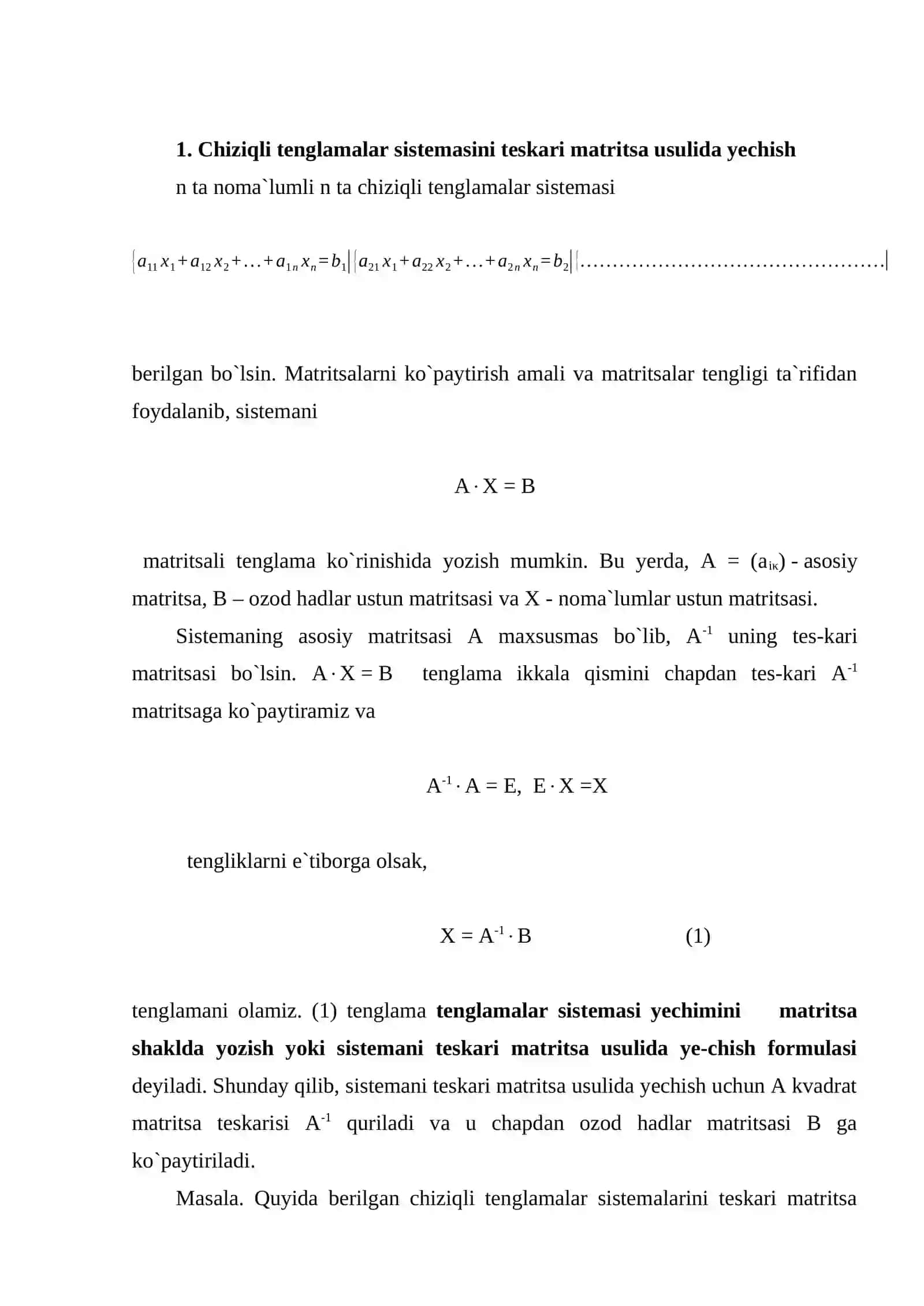 Chiziqli tenglamalar sistemasini. yechish usullari Arifmetik vektorlar va ular ustida amallar 2