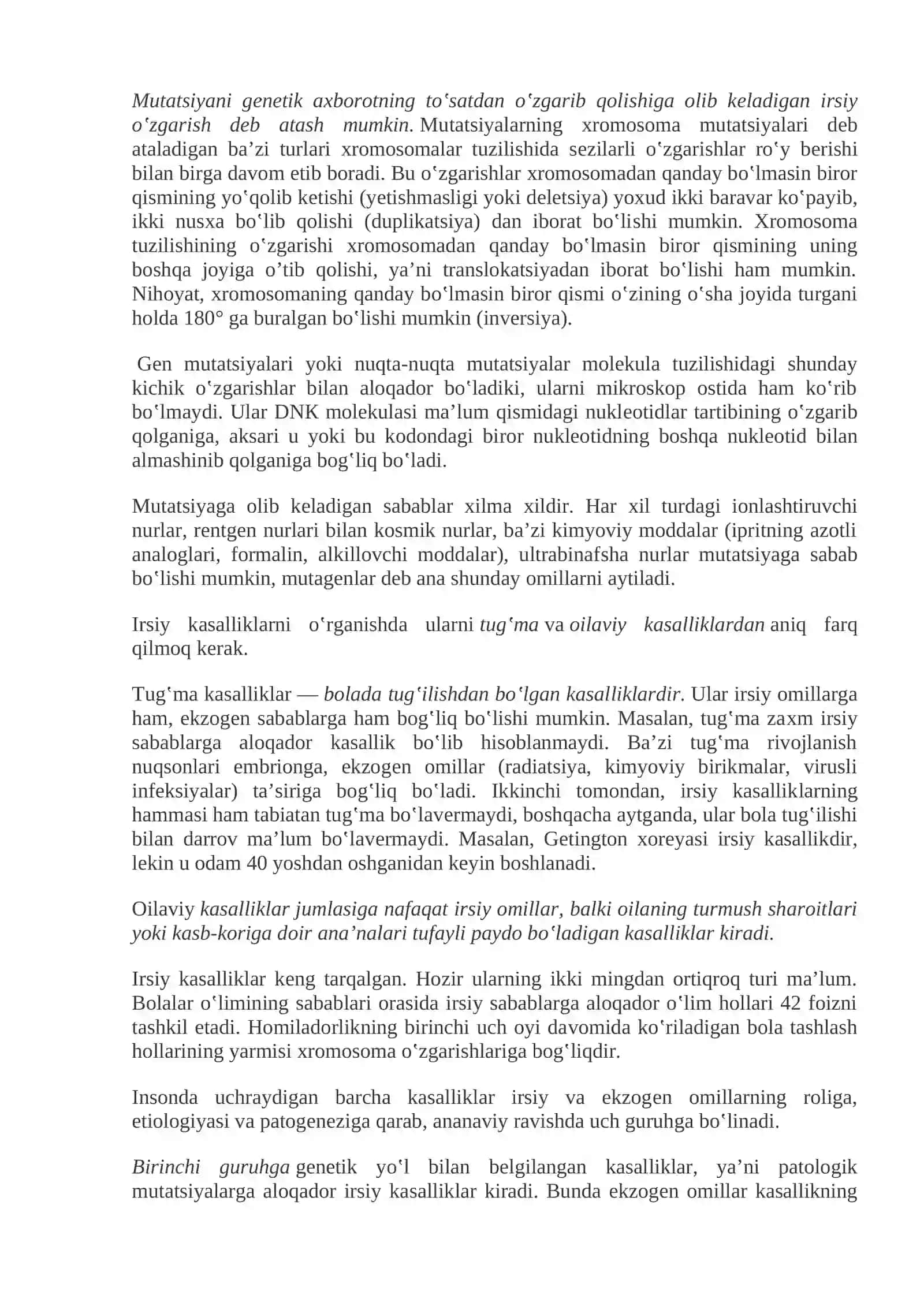 Genetik buzilishlar. Mutatsiya. Mendel buzilishlari. Irsiy ko‘p omilli buzilishlar. Irsiy noklassik monogen kasalliklar 2