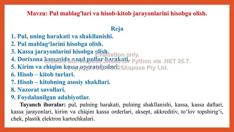 Pul mablag'lari va hisob-kitob jarayonlarini hisobga olish. 14-amaliy mashg’ulot taqdimoti 23 bet. 2