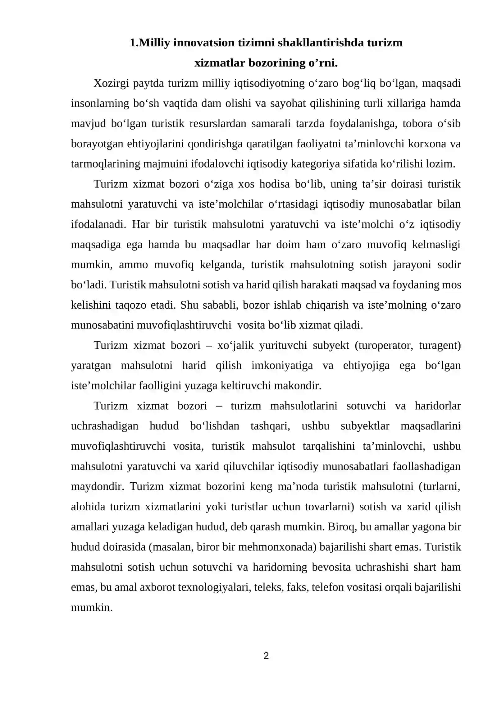 Milliy innovatsion tizimini shakllantirishda turizm xizmatlar bozorini o'rni 2