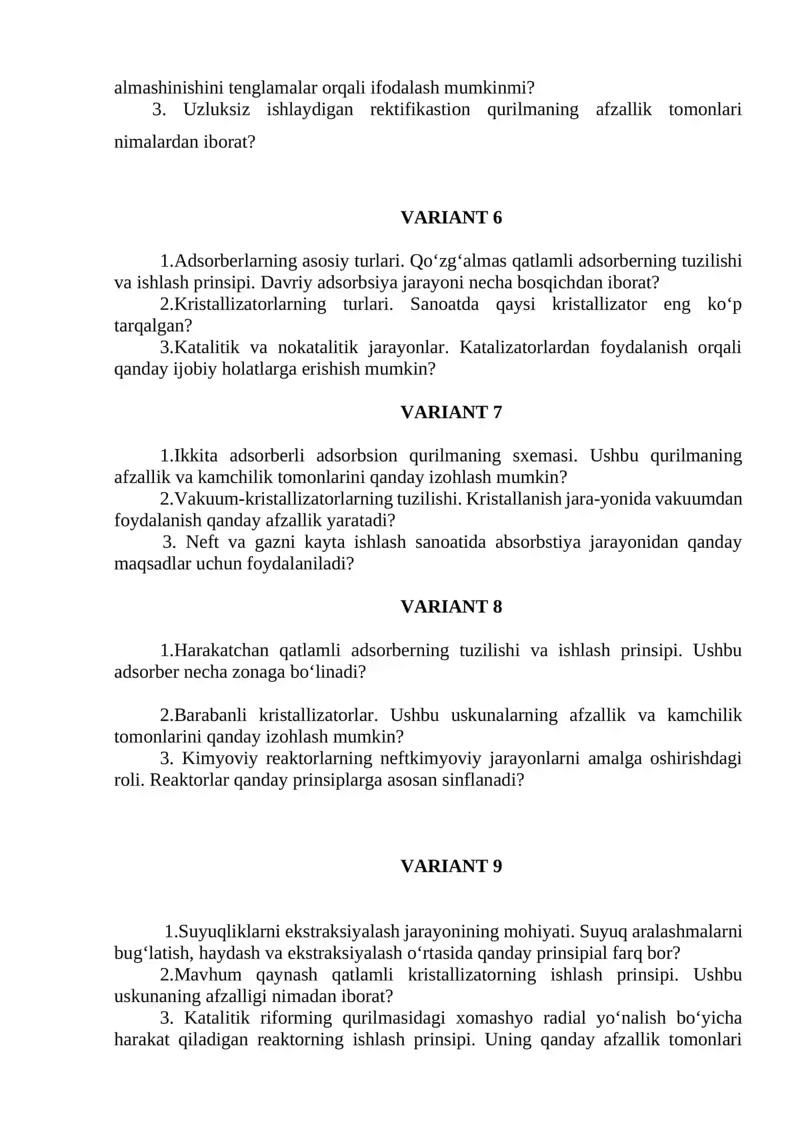 “Neft va gazni kayta ishlash zavodlari jixoz va uskunalari” fanidan 2-oraliq nazorat variantlari 2