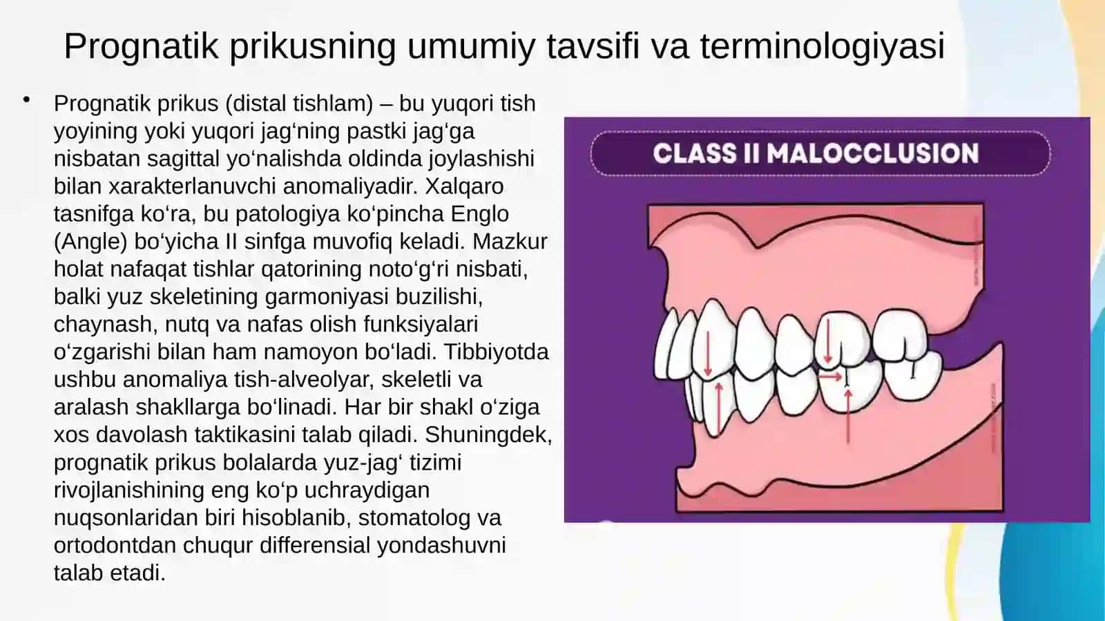 Prognatik prikus. Prognatik prikusning shakllanishi. Etiologiya va patogenezi. Klinikasi, tekshirish va davolash usullari. 2