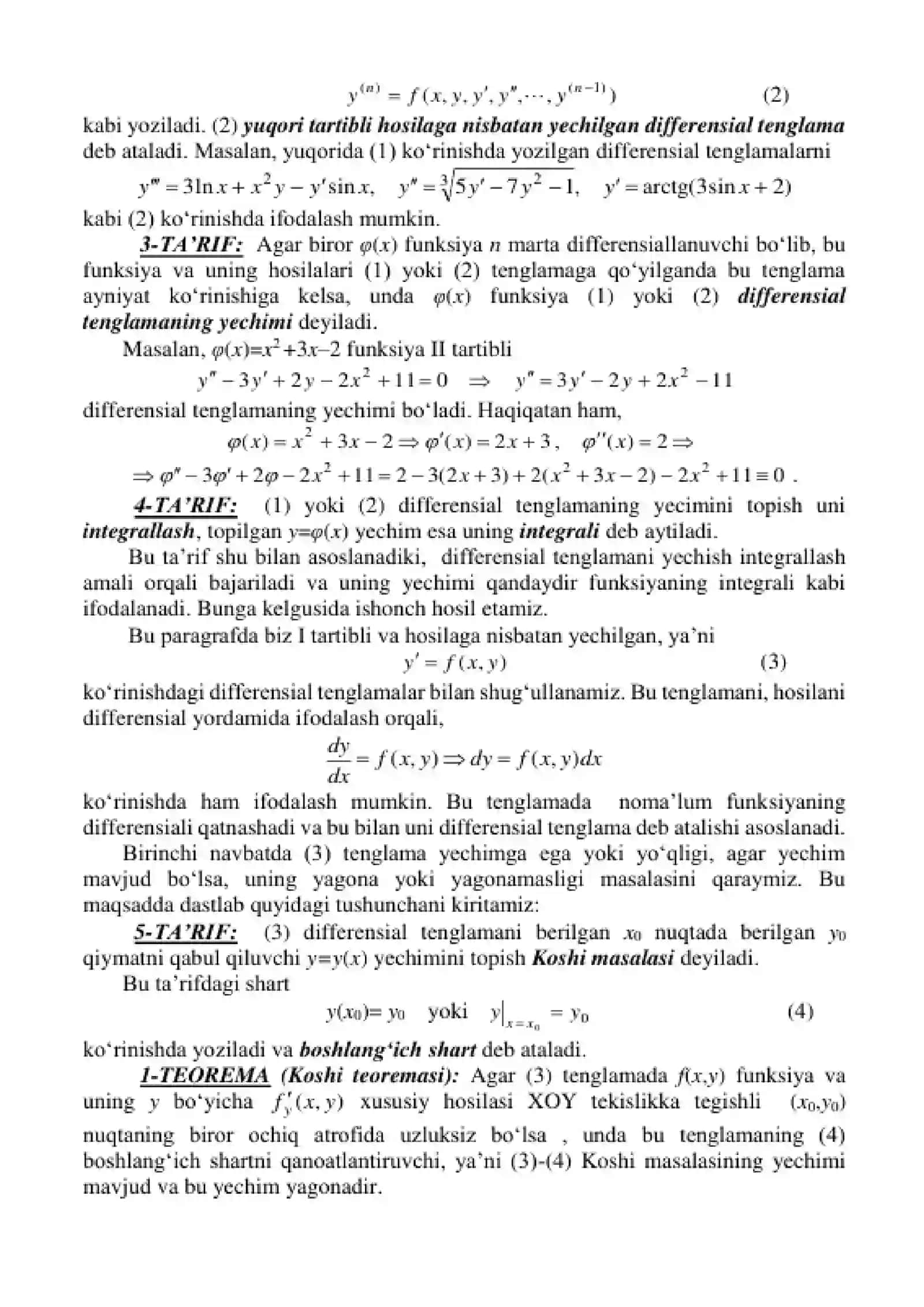 13-ma'ruza. Oddiy differensial tenglama tushunchasi. Koshi masalasi. Yechimning mavjudligi va yagonaligi. O'zgaruvchilari ajralgan, ajraladigan bir jinsli birinchi tartibli dufferensial tenglamalar. Birinchi tartibli dufferensial tenglamalarning to'la differensiali, bir jinsli, chiziqli va Bernulli ko'rinishlari va ularni yechish usullari 2