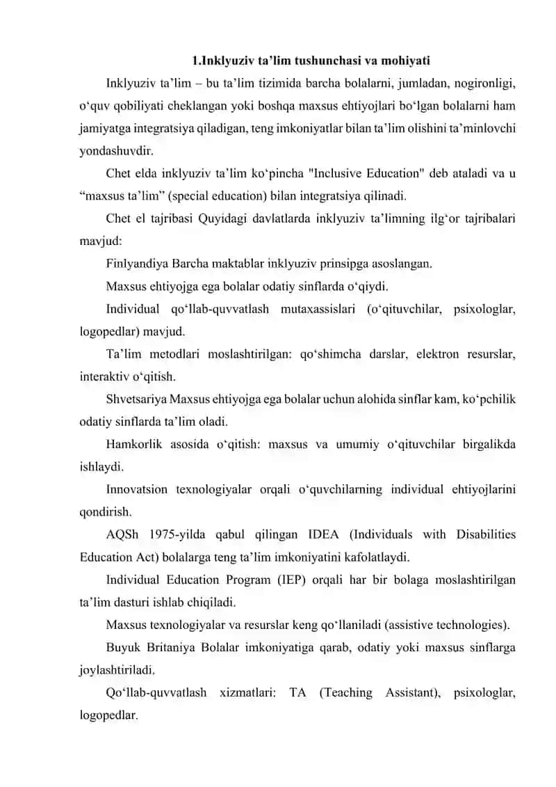 CHET ELDA ALOHIDA YORDAMGA MUHTOJ BOLALARNING INKLYUZIV TA'LIMI HAQIDA 2