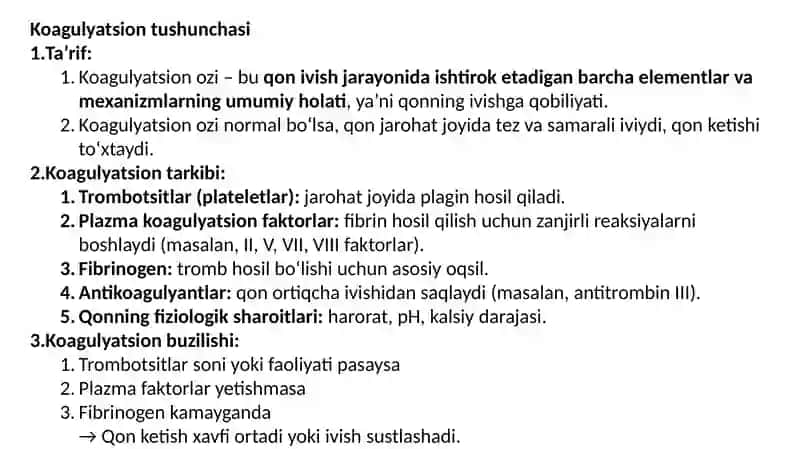 Qon quyishda koagulyatsion buzilishlar: sabablari, tuzatish tamoyillari. 2