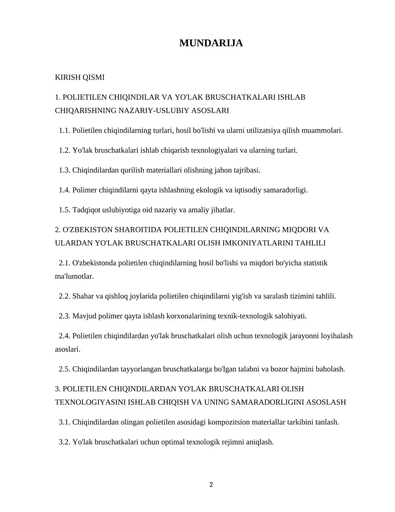 Polietilen chiqindilardan yo'lak bruschatkalari olish texnologiyasi va ularning fizik-kimyoviy xususiyatlarini o'rganish 2