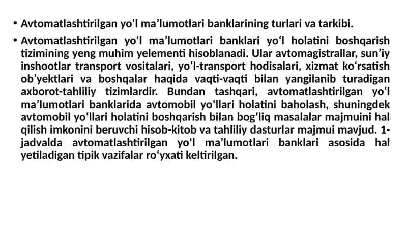 Avtomatlashtirilgan yo‘l ma’lumotlari bankini shakllantirish nazariyasining asoslari va ularni yaxshilash yo‘llari 2