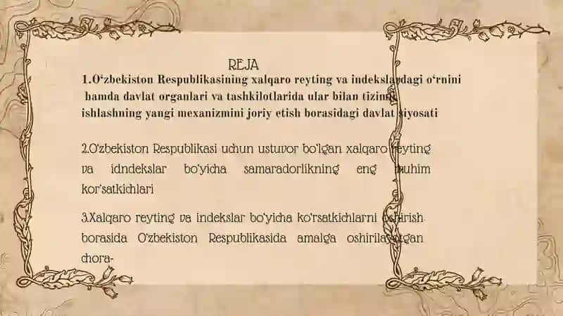 Yangi òzbekiston ijtimoiy siyosiy,iqtisodiy va madaniy hayotida ròy berayotgan òzgarishlarni xalqaro reytingi va indekislarida aks etishi 2