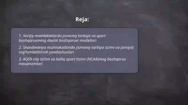 Xorijiy mamlakatlarda jismoniy tarbiya va sport ishlarni boshqarish tizimi 2