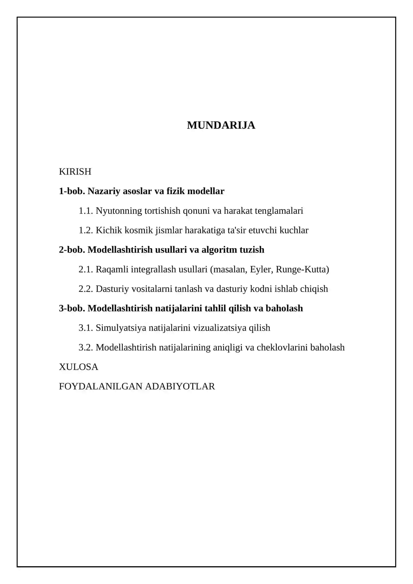 Kichkina kosmik jismning harakatini modellashtirish 2