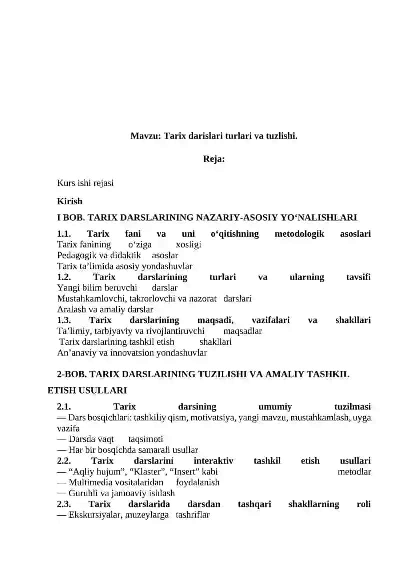 Tarix darislari turlari va tuzlishi 2