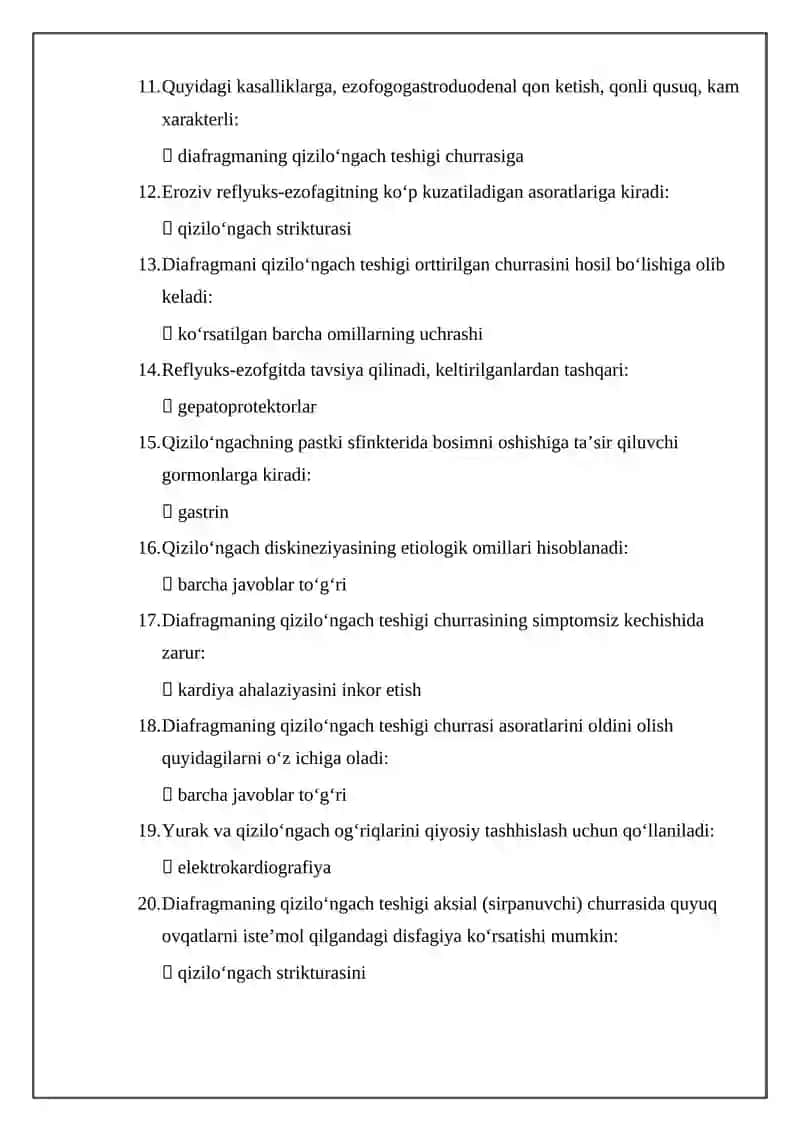 Gastroenterologiya mutaxassisligi boʻyicha shakllantirilgan test savollari roʻyxati 2