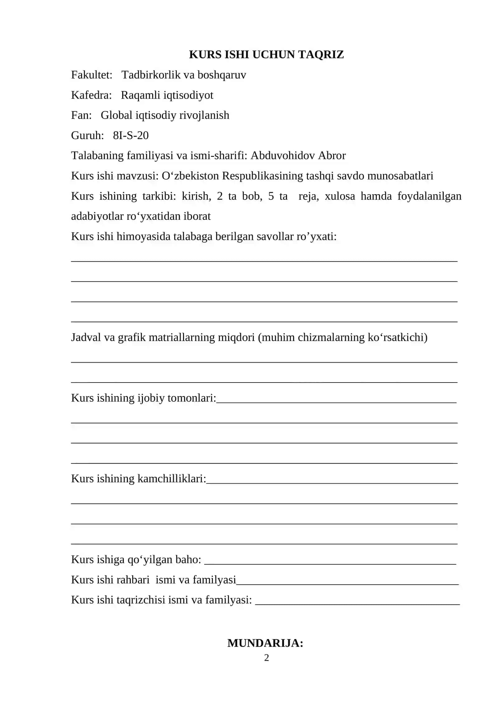 O‘zbekiston Respublikasining tashqi savdo munosabatlari 2