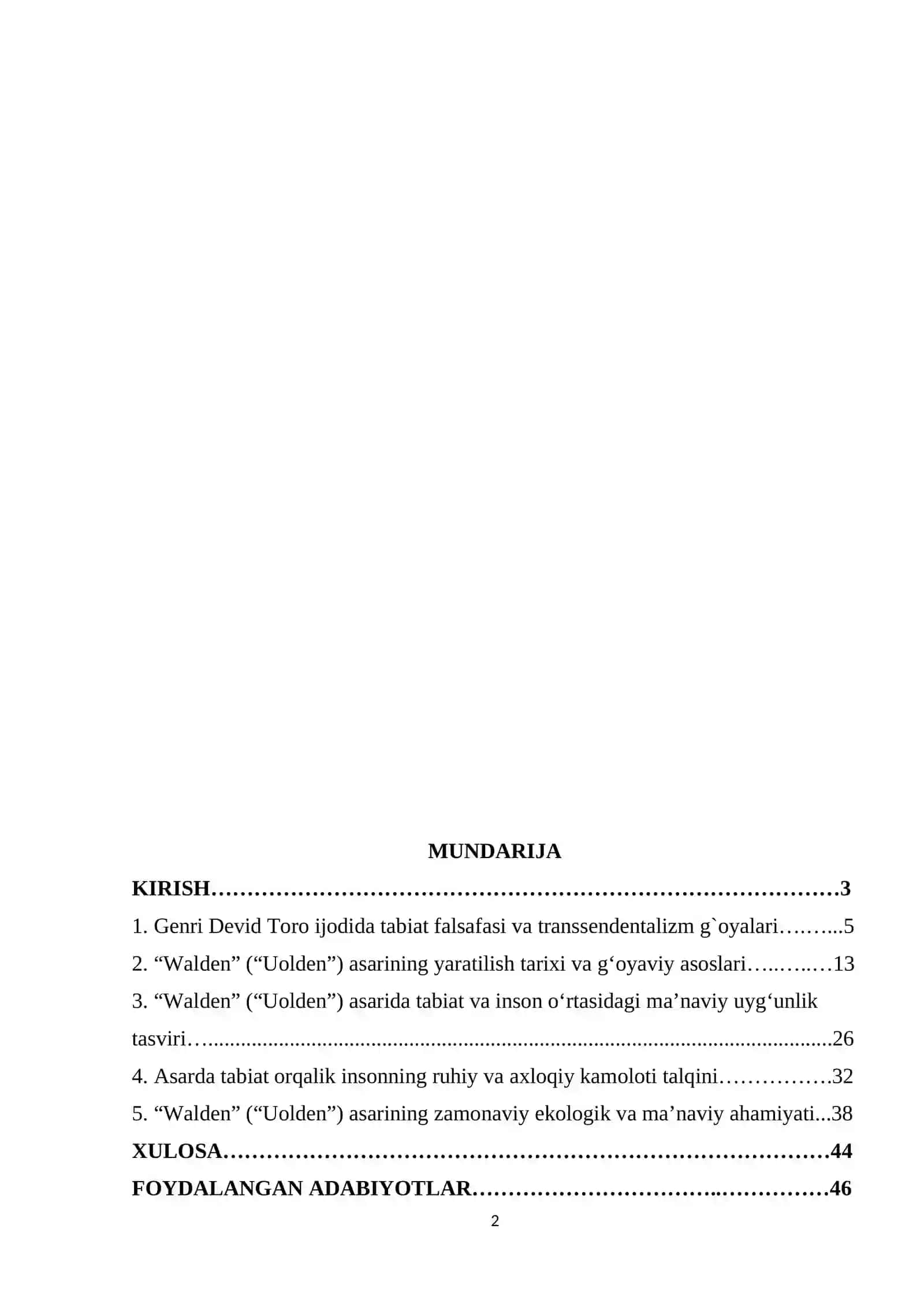 "Walden" asarida tabiat va insonning ma'naviy uyg'unligi mavzusidagi KURS ISHI 2