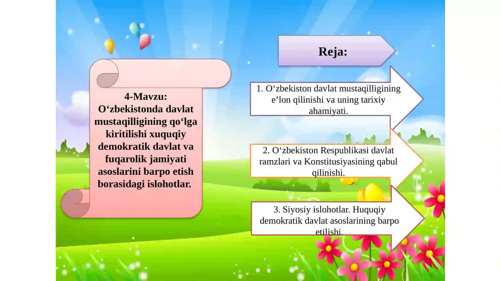 Mustaqil O‘zbekiston Respublikasi tashkil topishining tarixiy ahamiyati. O‘zbekistonning o‘ziga xos istiqlol va taraqqiyot yo‘li 2