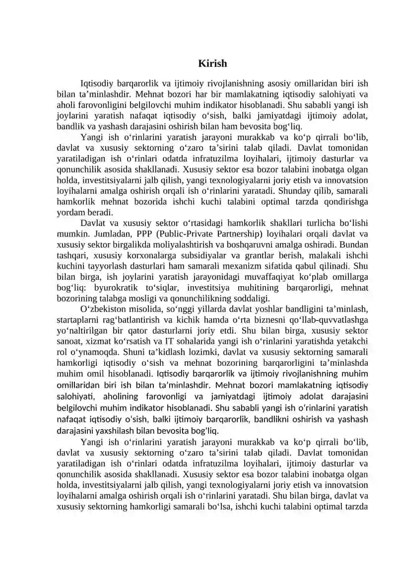 YANGI ISH JOYLARINI YARATISHDA DAVLAT VA XUSUSIY SEKTORNING O‘ZARO TA’SIRI 2
