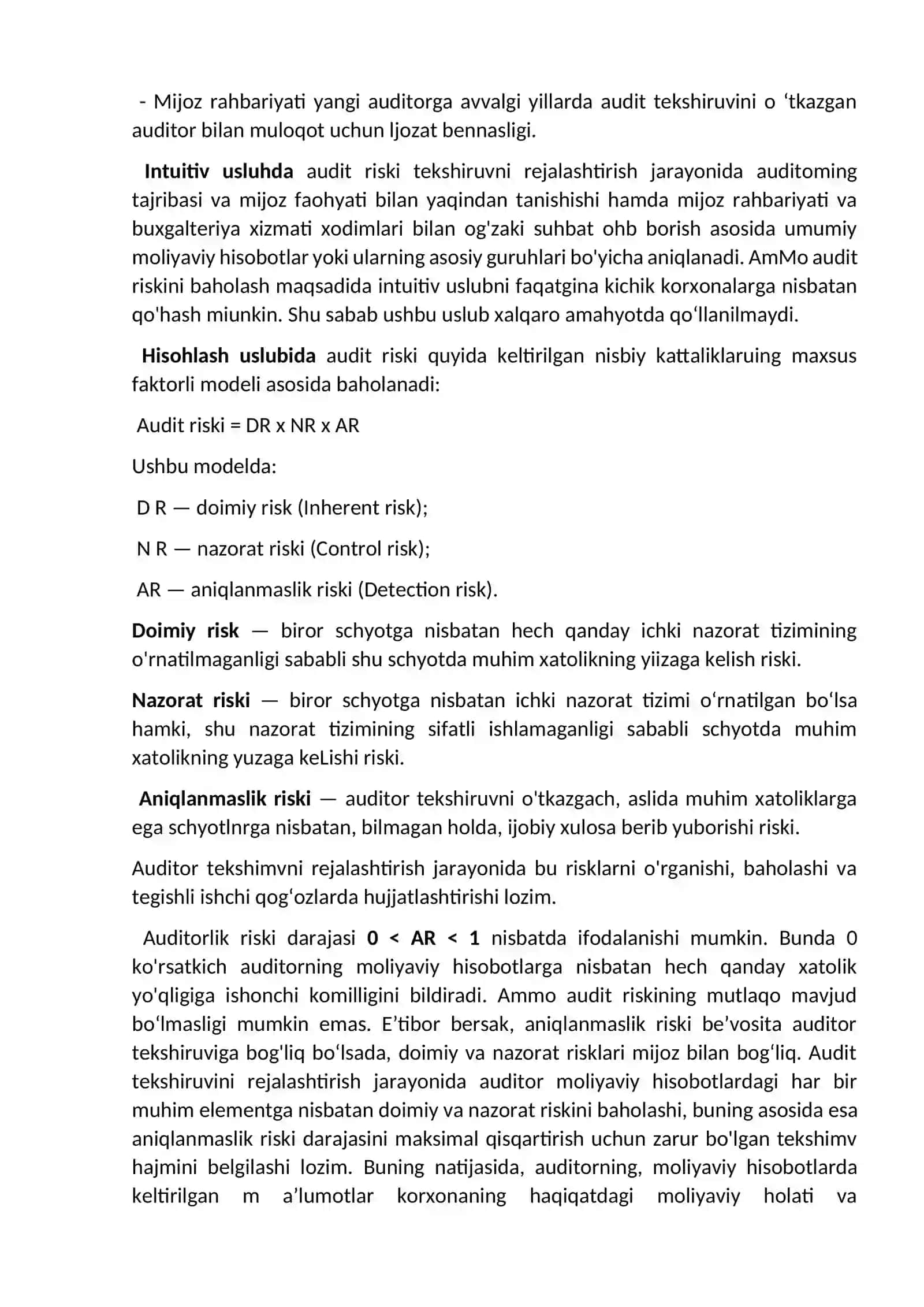Audit riskini baholashning usullari 2