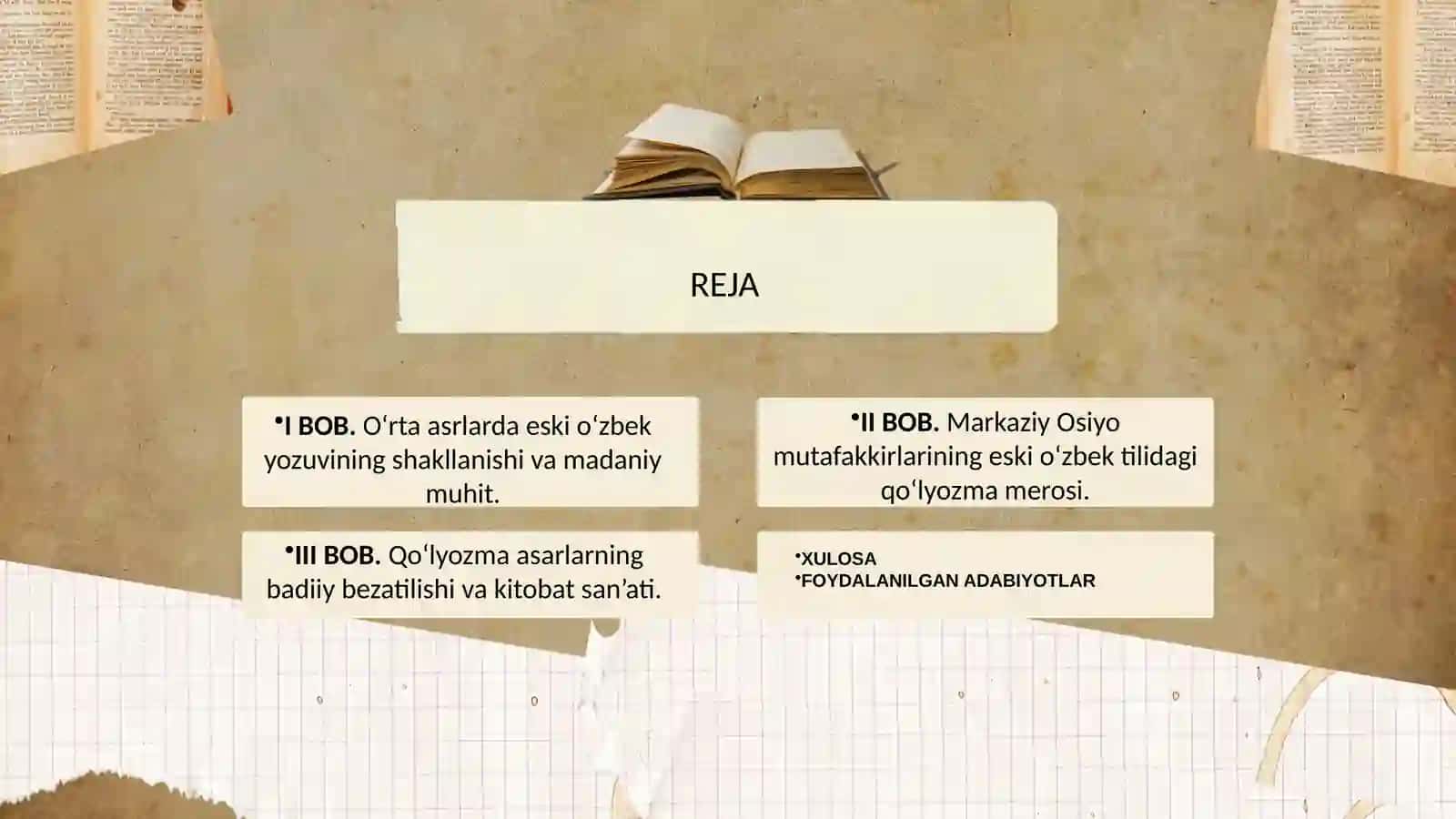 “Eski o`zbek yozuvida yaratilgan qo`lyozma asarlar o`rta asrlarda” 2