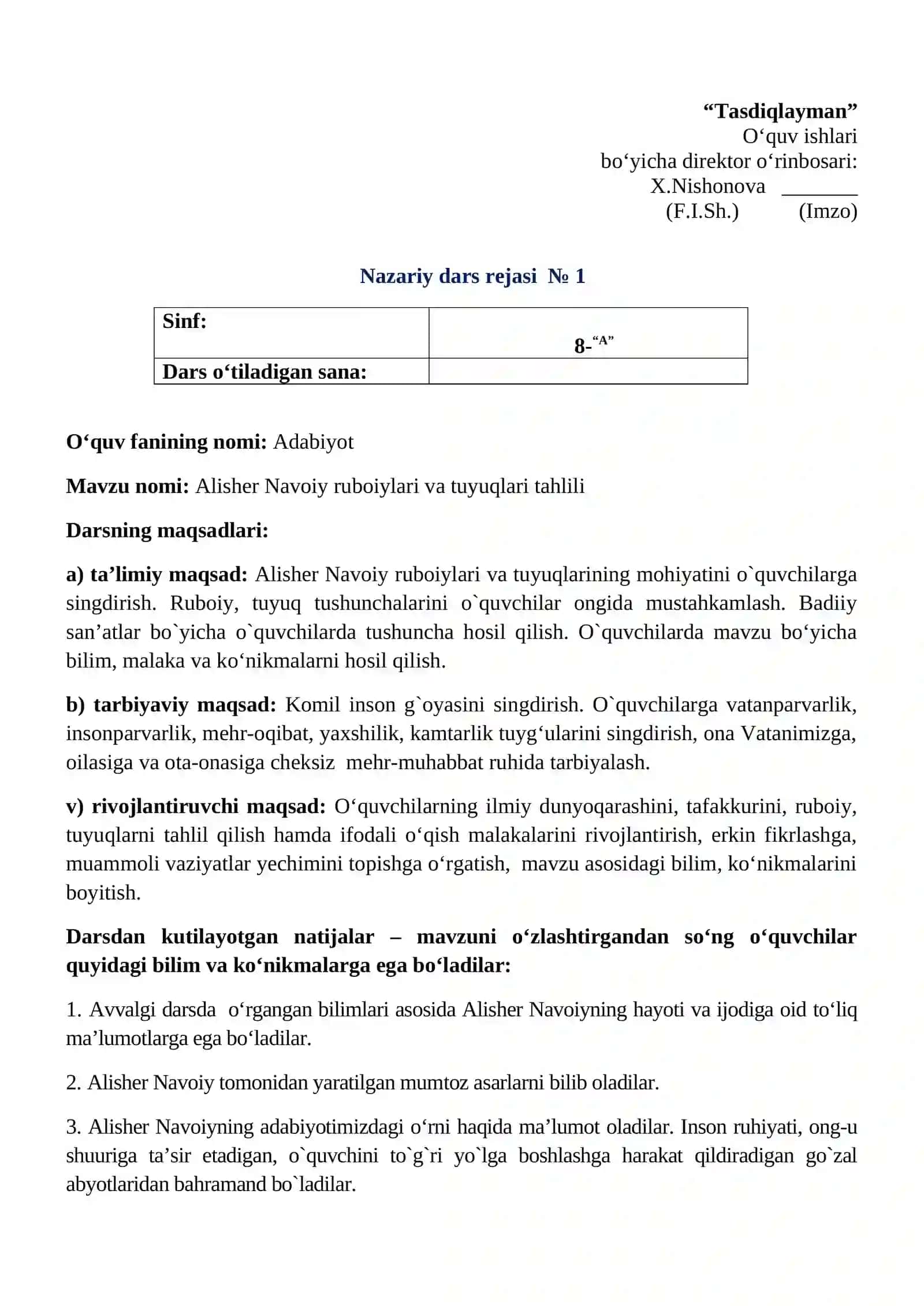 8-sinf Adabiyot Navoiy ruboiylari va tuyuq tahlili dars ishlanma 2