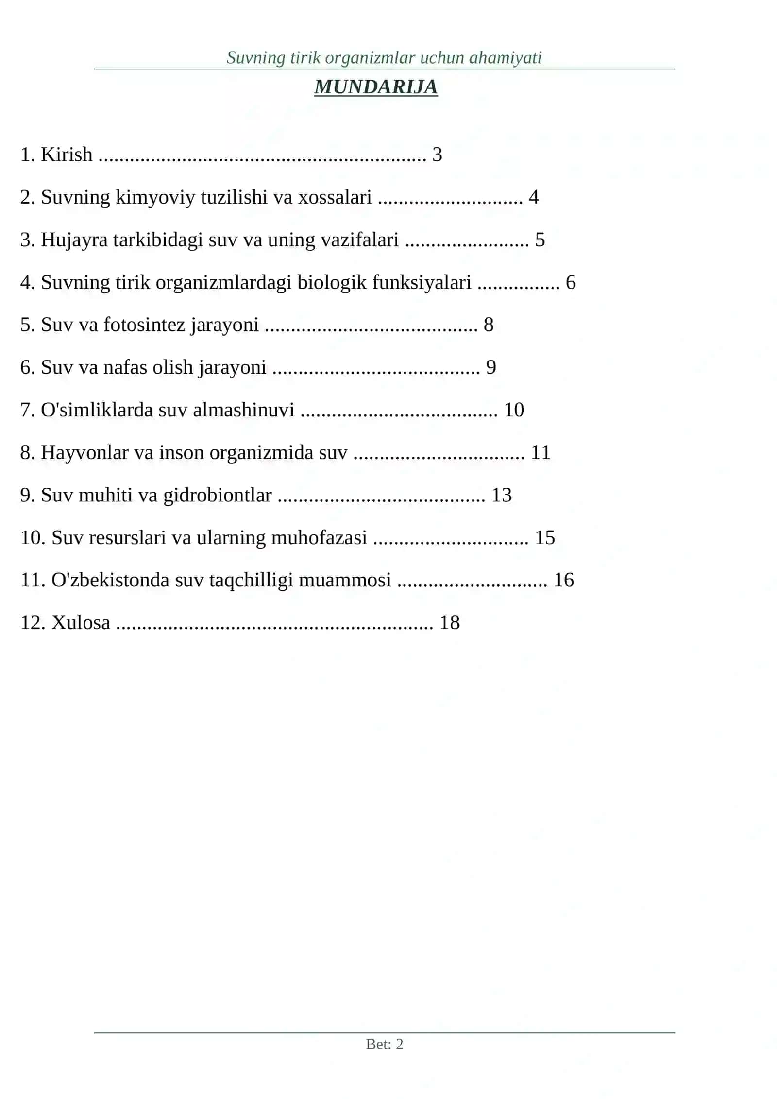 Suvning tirik organizmlar uchun ahamiyati 2