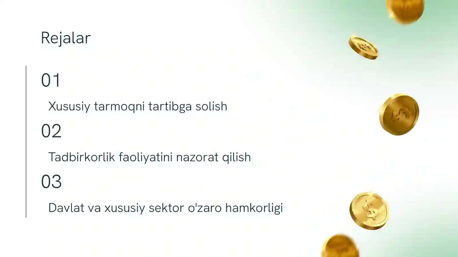 Davlatning xususiy tarmoq va tadbirkorlik faoliyatini tartibga solishning usul va vositalari haqida 2