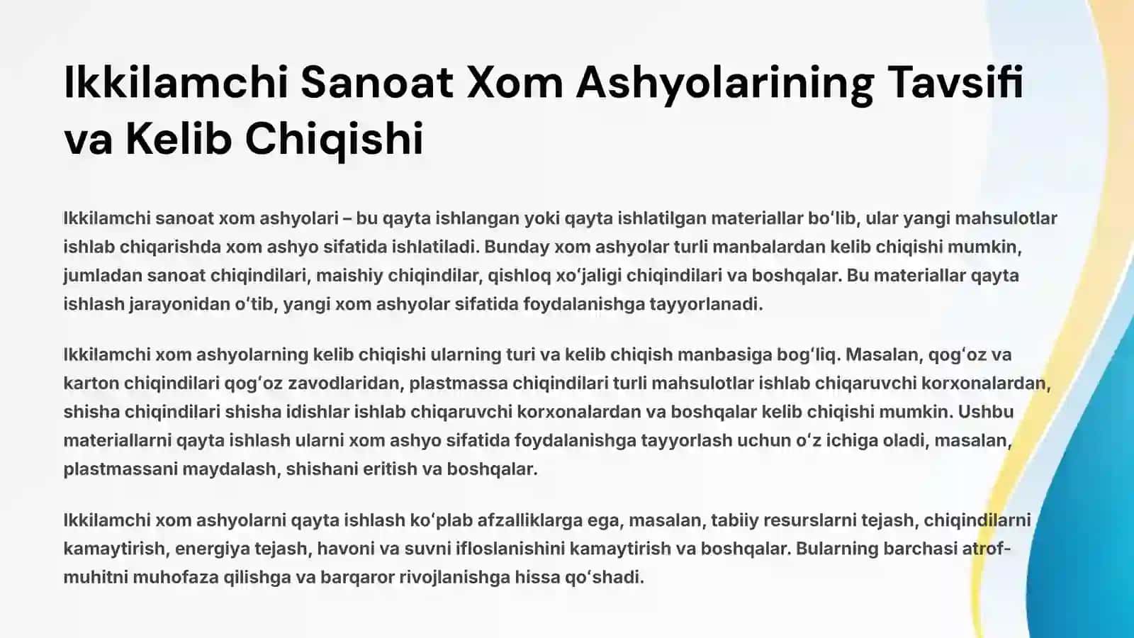 Ikkilamchi Sanoat Xom Ashyolarining Tavsifi va Kelib Chiqishi 2