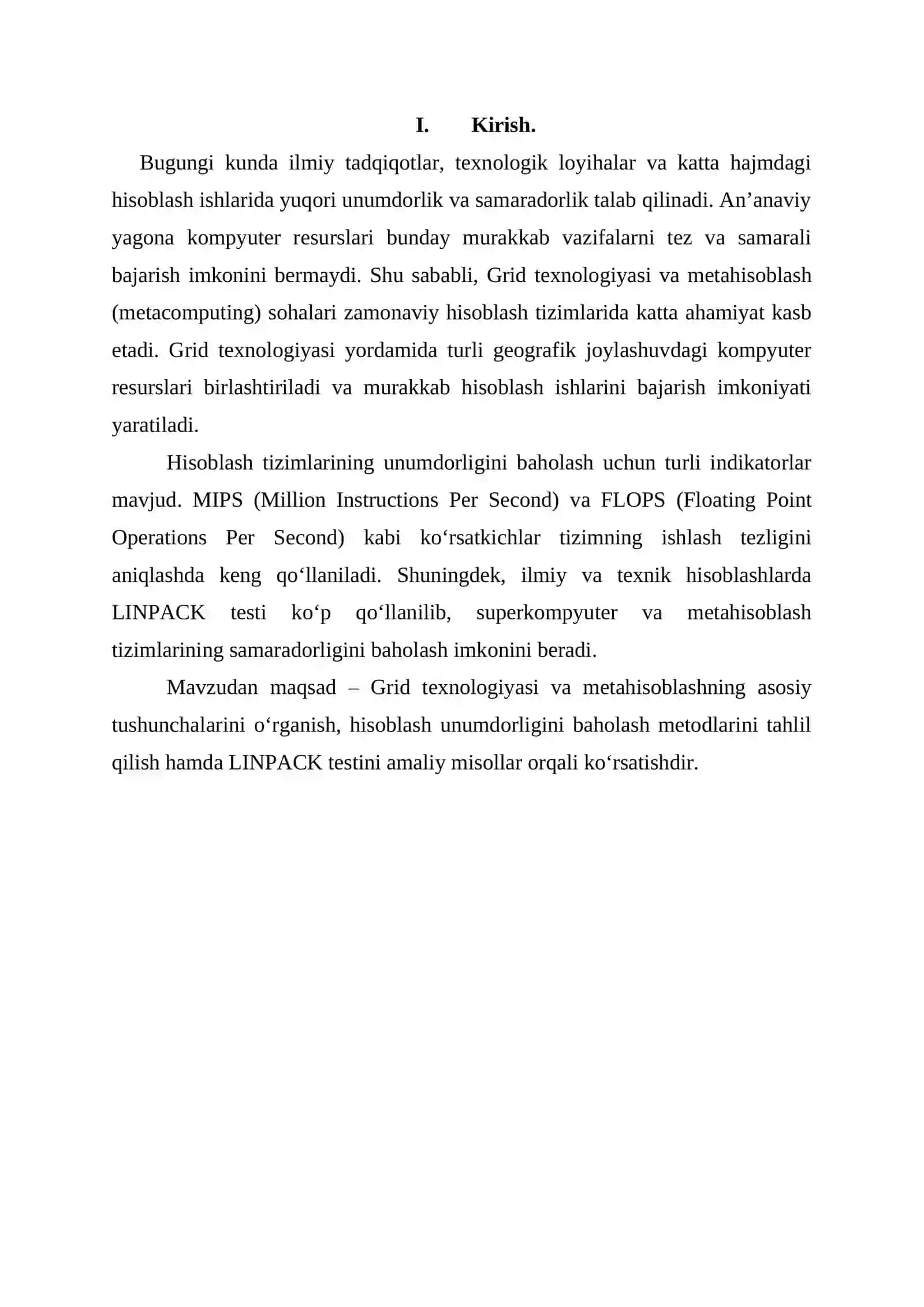 Grid – texnologiyasi va metahisoblash, unumdorlikni baholash (MIPS, FLOPS), LINPACK test. 2