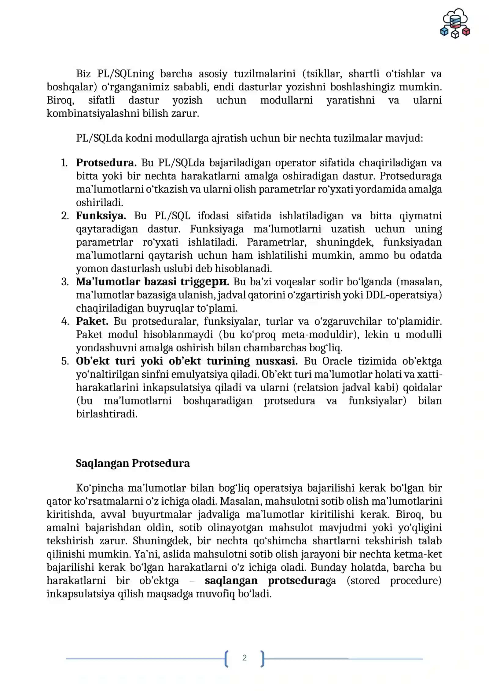 SXEMAGA TEGISHLI OBYEKTLAR. SAQLANGAN PROTSEDURALAR VA FUNKSIYALAR 2