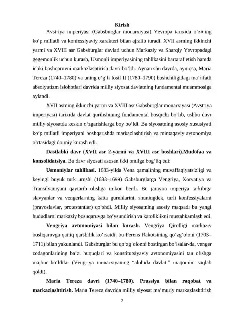 Kurs ishi. Avstriya imperiyasida milliy siyosat(XVII asr 2-yarmi XVIII asr) 2