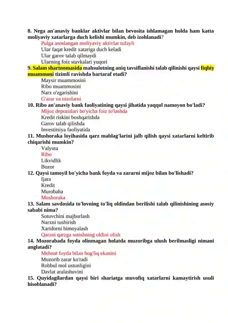 Islom moliyasi fanidan testlar va javoblari 2