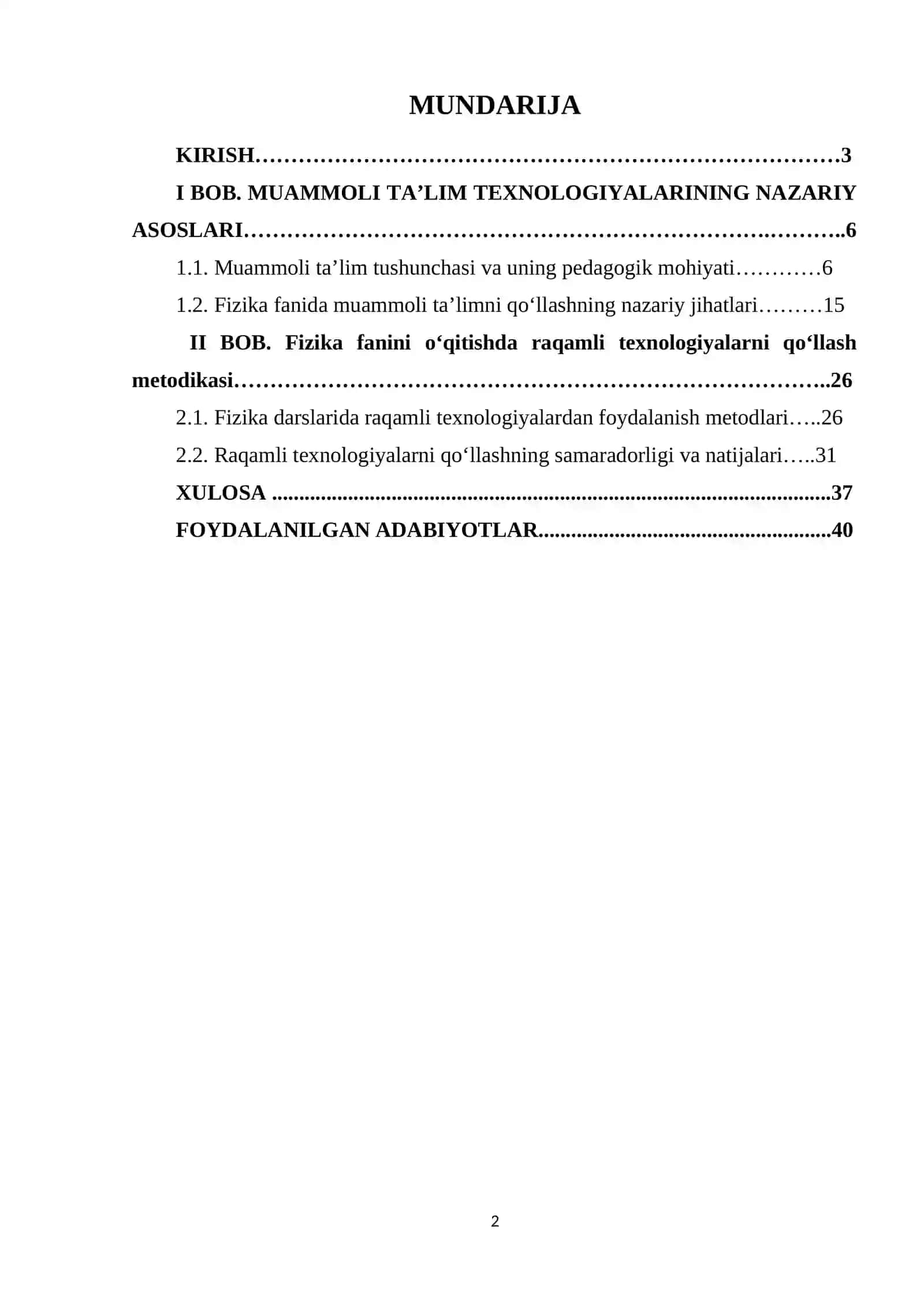 FIZIKA FANINI O‘QITISHDA MUAMMOLI TA'LIM TEXNOLOGIYALARINI QO`LLASH 2