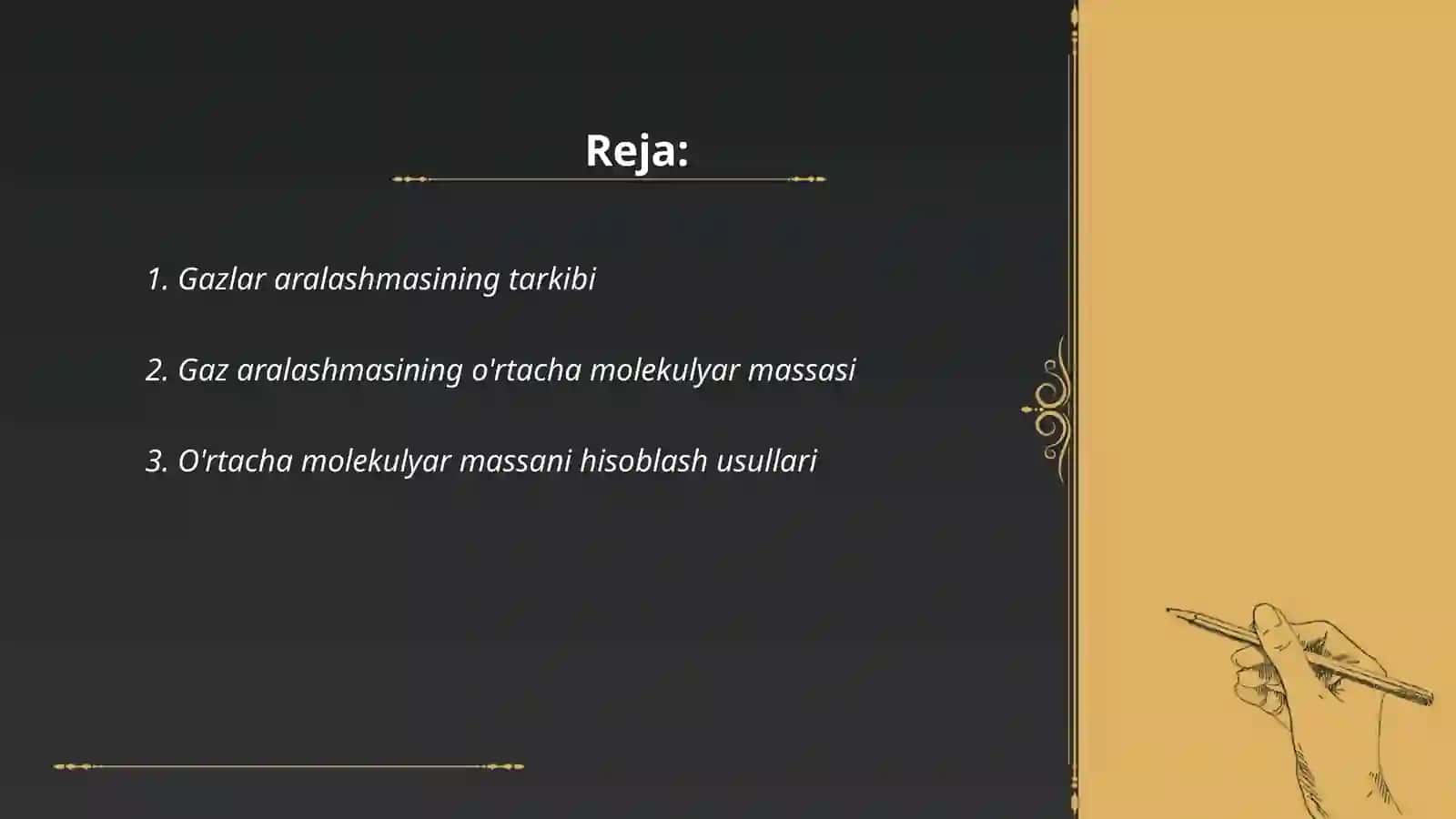 Gazlar aralashmasi, o'rtacha molekulyar massa, hajmiy ulush, massa ulushini topish 2
