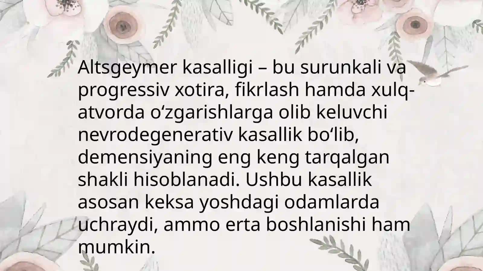 Neyrodegenerativ kasalliklar (Alsgeymer, parkinson kasalliklari, Gentington xoreyasi) etiologiyasi, patogenezi,klinika diagnostikasi,Diffrensial diagnostikasi 2
