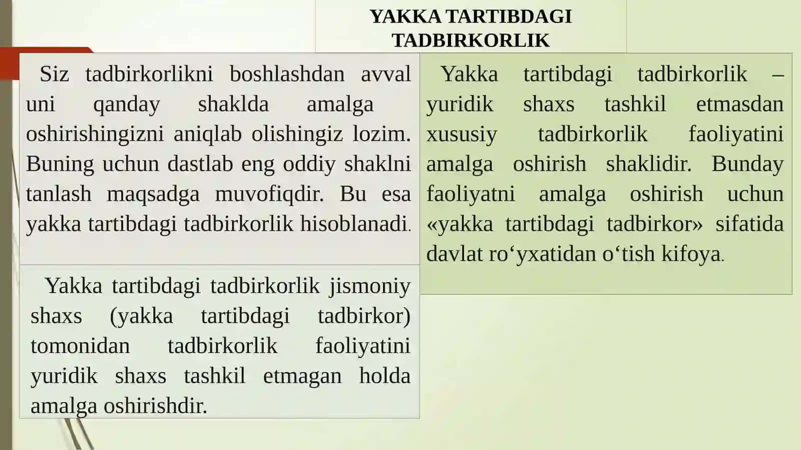 Yakka tartibdagi tadbirkorlik, o’zini-o`zi band qilish 2