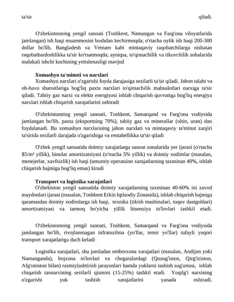 O'zbekistonda yengil sanoatni joylashtirishni o'ziga xos xususiyatlari 2