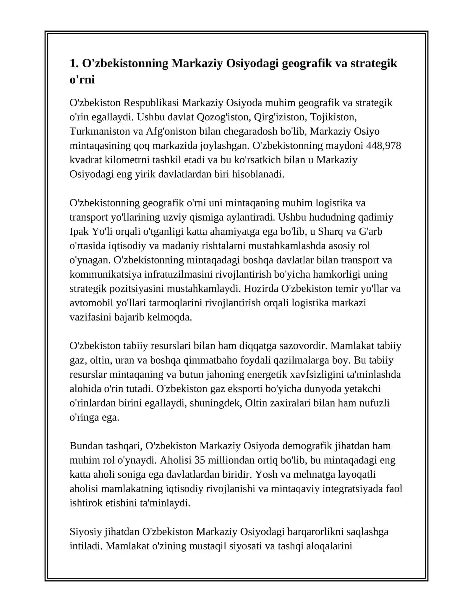 O'ZBEKISTONNING MARKAZIY OSIYO MINTAQASIDAGI O'RNI VA AHAMIYATI 2