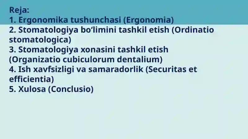 Stomatolog ishini tashkil etishning ergonomik asoslari. Stomatologiya bo'limini tashkil etish. Stomatologiya xonasini tashkil etishning ergonomik asoslari 2