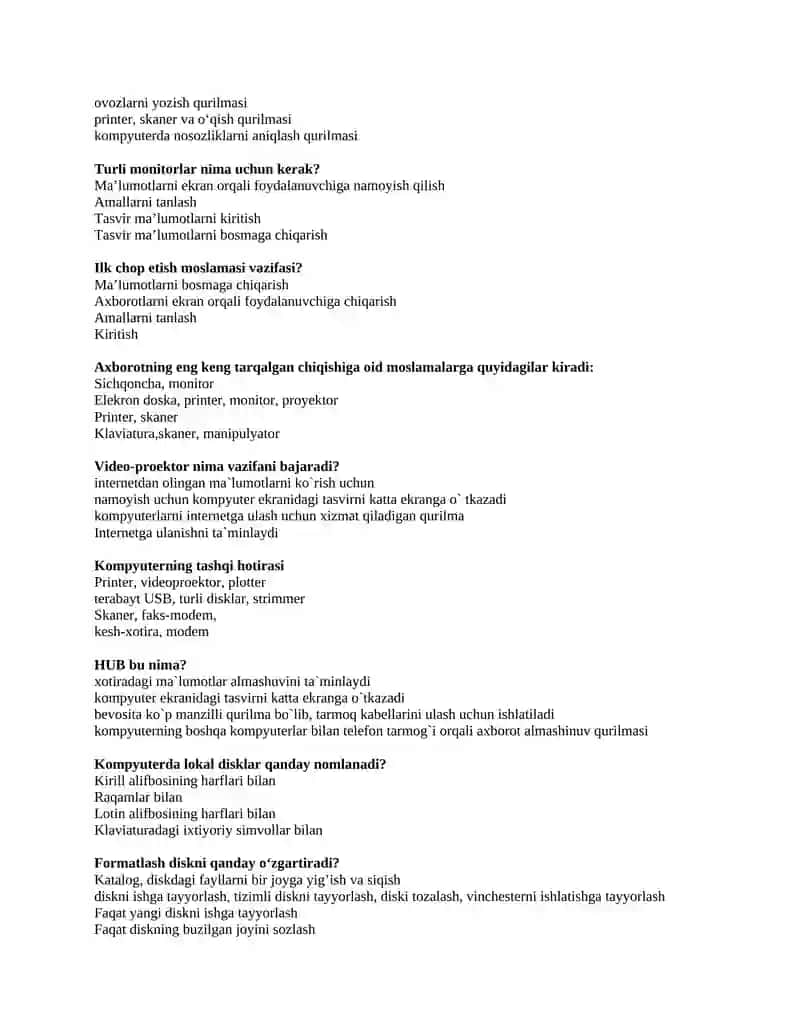 Axborot Texnologiyalari fanidan yakuniy nazorat savollari 2
