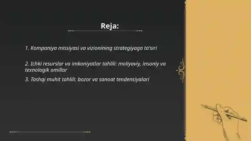 Kompaniya strategiyasini belgilovchi omillar va uning tahlili 2