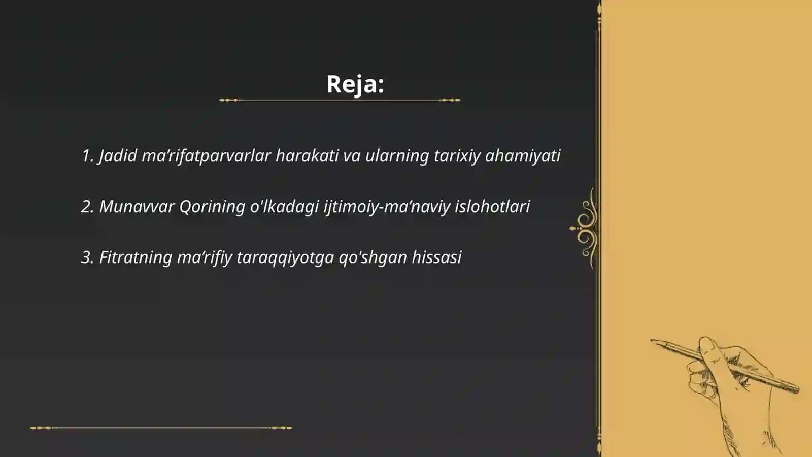 Jadid ma’rifatparvarlarning o’lka ijtimoiy-ma’naviy hayotida tutgan o’rni Munavvar Qori, Fitrat, Behbudiy Avloniy va boshqalar 2