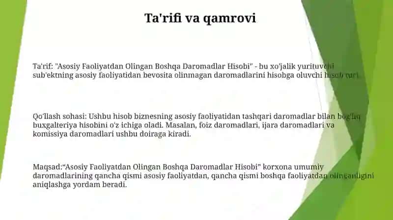 Asosiy Faoliyatdan Olingan Boshqa Daromadlar Hisobi 2