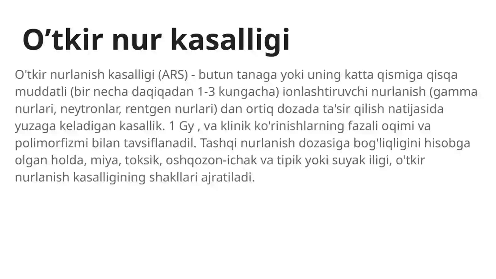 O'tkir nurlanish kasalligi. Patogenez. Klinik ko'rinishlari, klinik bosqichalari,og'irlik darajisiga ko'ra kriteriyalari. Davolash prinsiplari 2