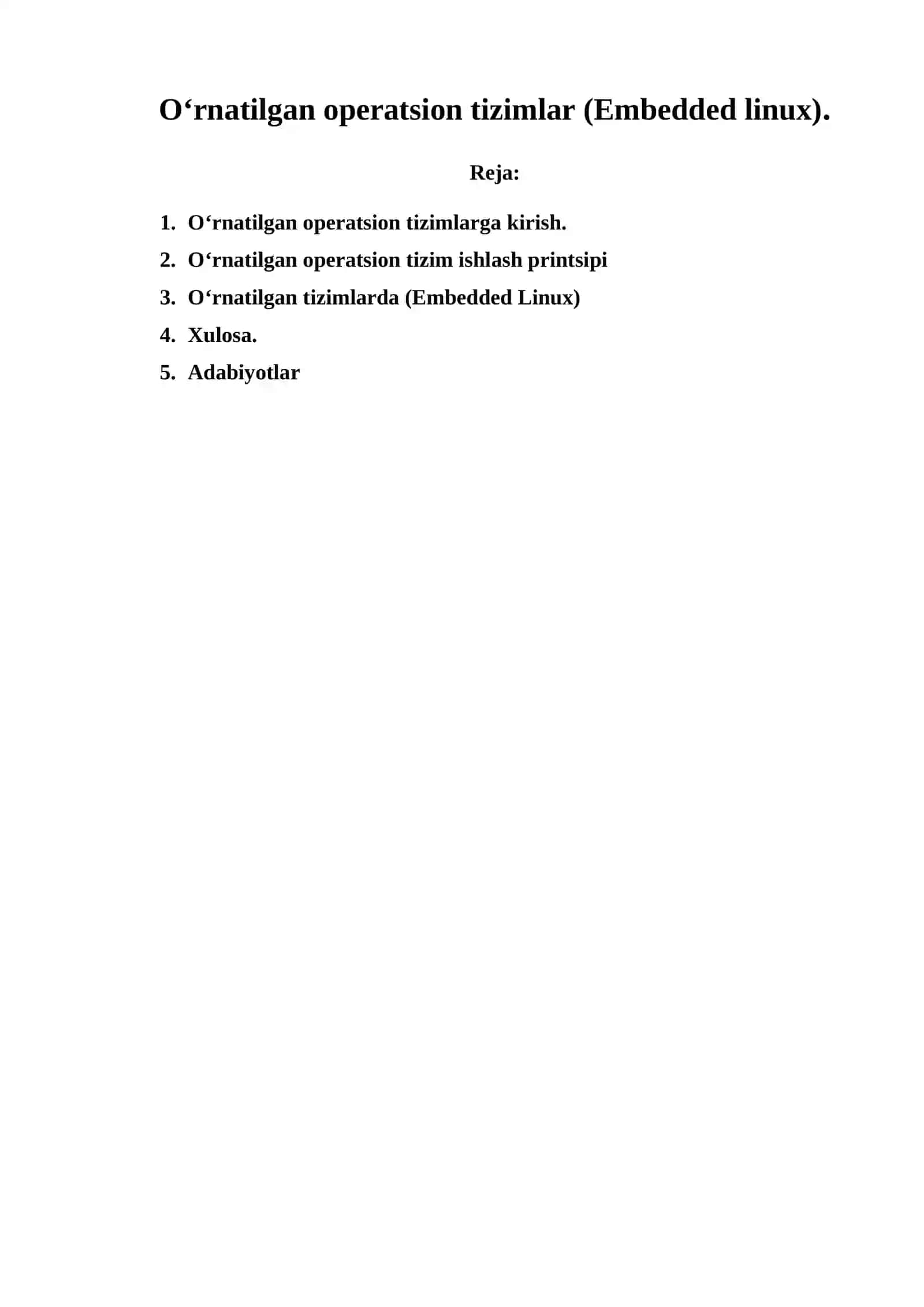 O‘rnatilgan operatsion tizimlar mavzusida Mustaqil ish 2