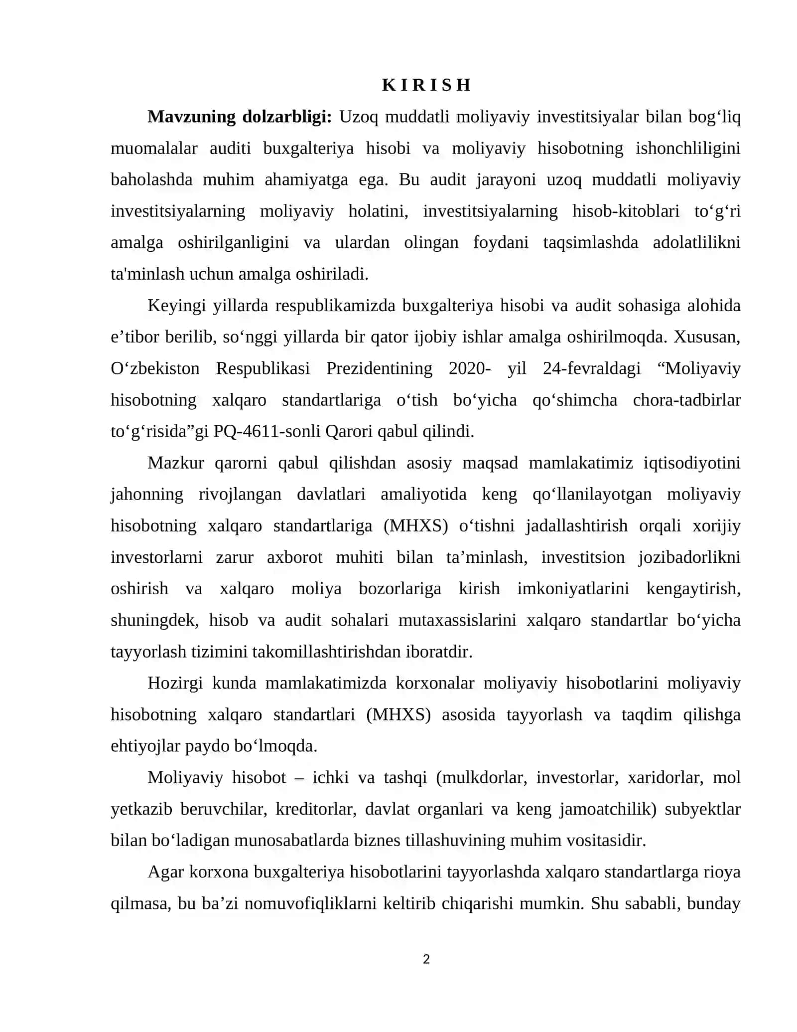 Uzoq muddatli investittsiyalar xisobi va auditi xamda ularning moliyaviy xisobotdagi aks ettrilishi 2