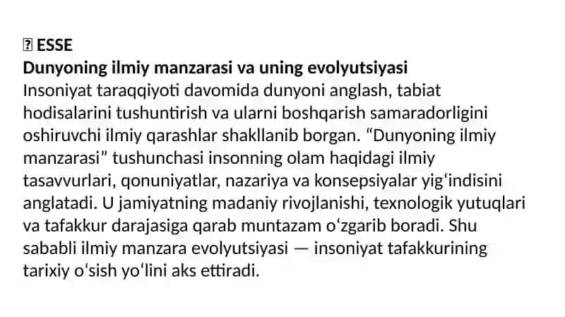 Dunѐning ilmiy manzarasi va evolyutsiyasi” mavzusida esse tayѐrlash. 2