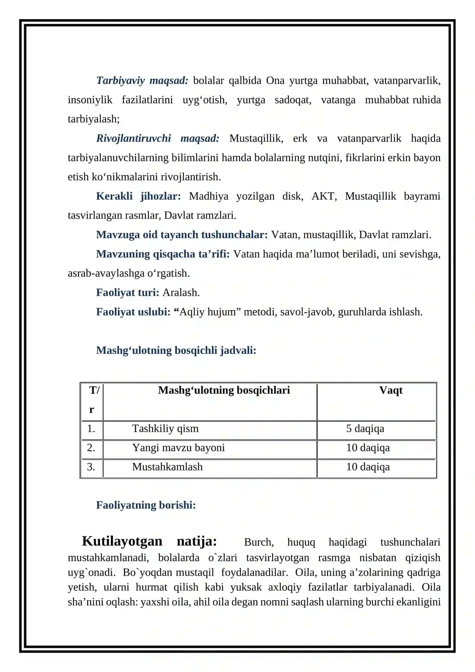 "Men va mening oilam" faoliyat ishlanmasi 2