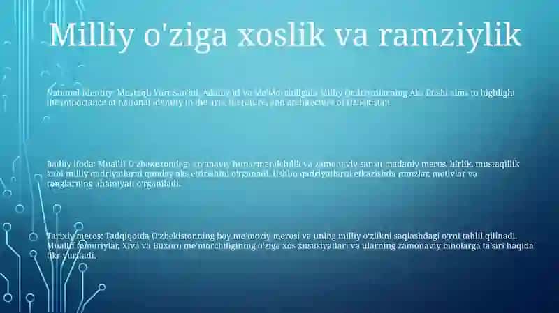 National Identity: Mustaqil Yurt San'ati, Adabiyoti Va Me'Morchiligida Milliy Qadriyatlarning Aks Etishi 2