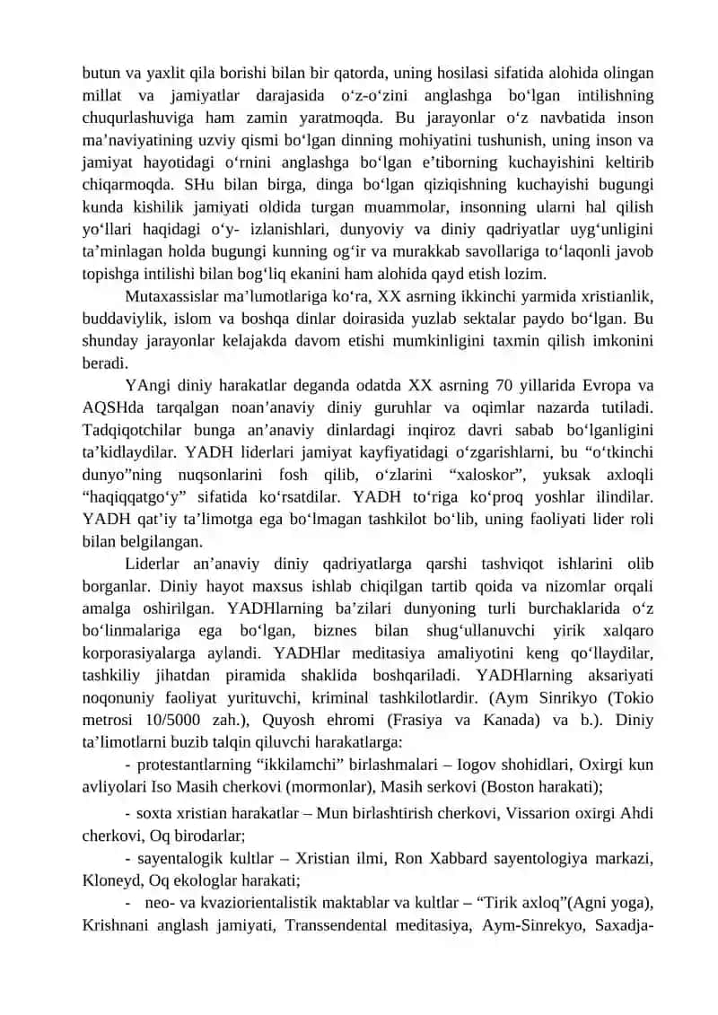 MAVZU ZAMONAVIY DINIY HARAKATLAR VA SEKTALAR 2