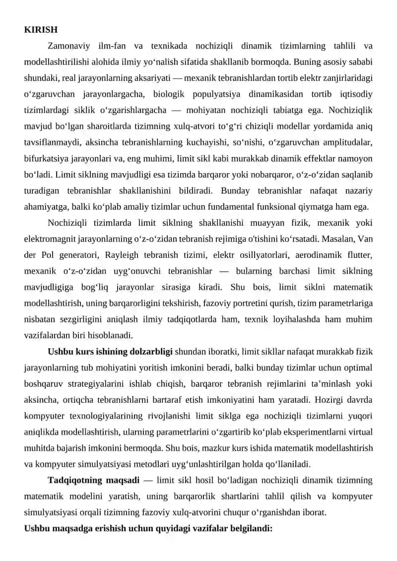 Limit sikl hosil boladigan nochiziqli tizimni modellashtirish 2
